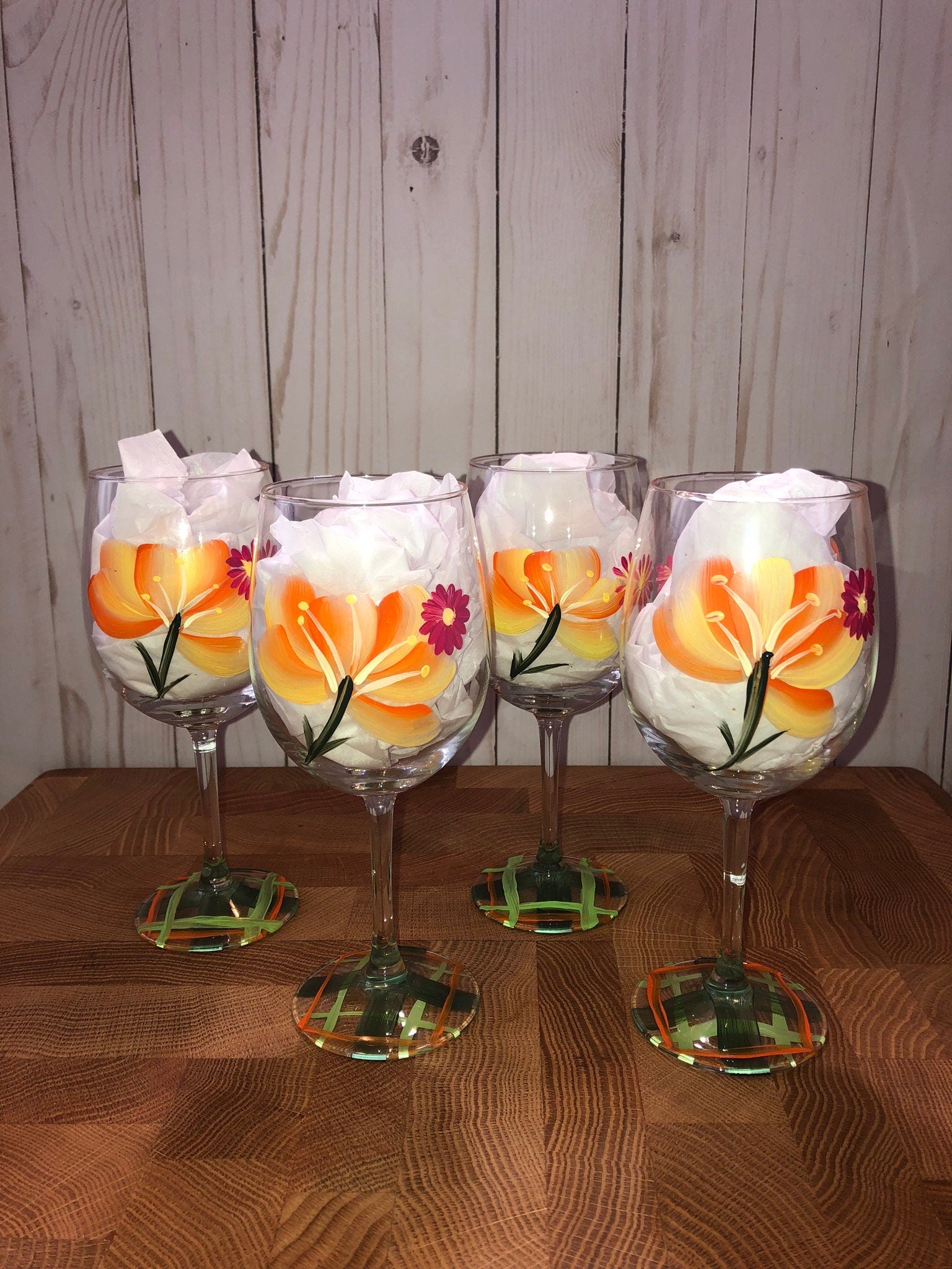 Tulip and Butterfly Hand Painted Stemmed Wine Glasses Set of 2