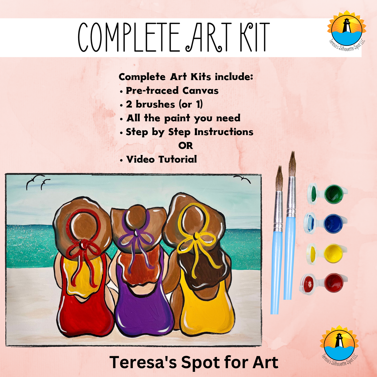 Canvas Complete Art Kit! Virtual at home Girl's Beach Day Art! Great For Beginners!