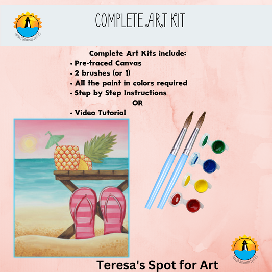 Canvas Complete Art Kit! Virtual at home Flip Flops Beach Scene DIY Art! Great For Beginners!