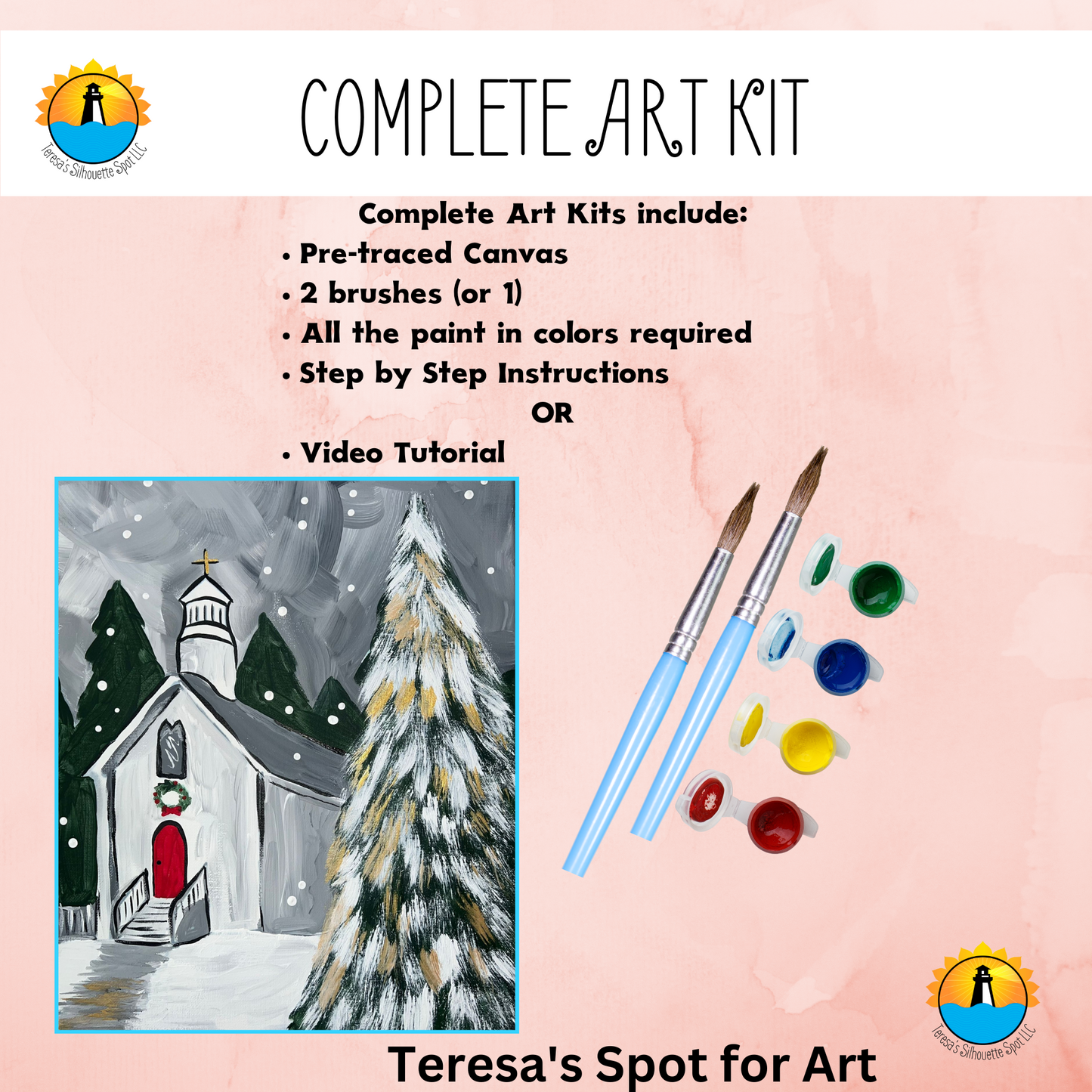 Winter Chapel with Evergreen Complete Paint Night Art Party Kits for at Home Paint and Sip