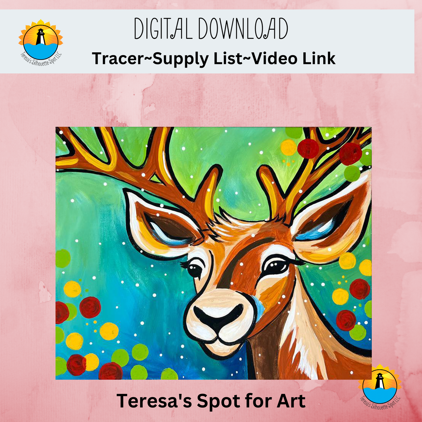 Paint at Home Fun Reindeer Step by Step Beginner Acrylic Painting Digital Download PDF Kit and Video Tutorial