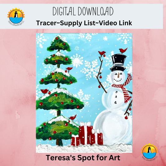 Paint at Home: Christmas Tree and Snowman Step by Step Beginner Acrylic Painting Digital Download PDF Kit and Video Tutorial